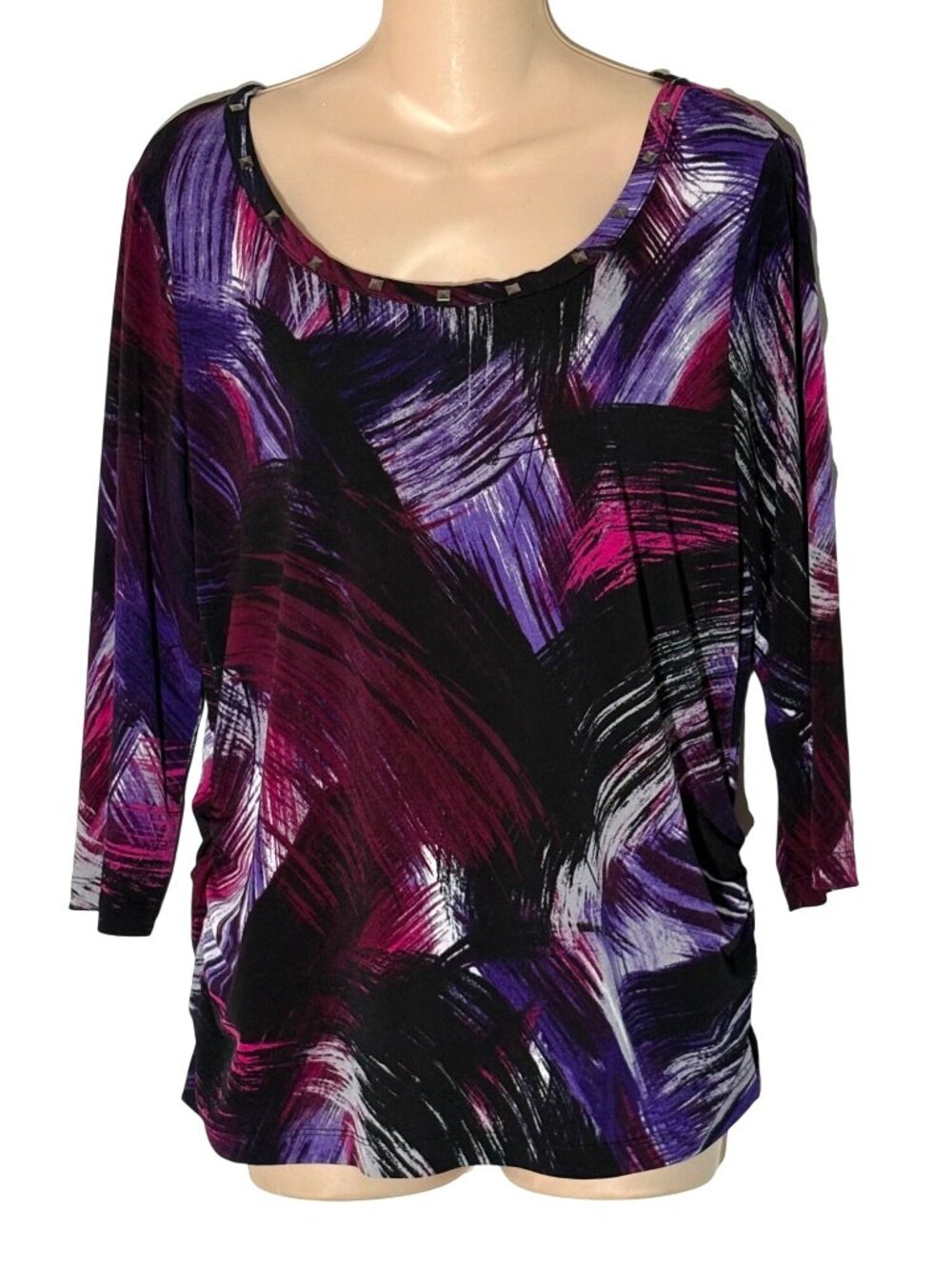 Laura Ashley Womens Size M Abstract Top Studded Neckline Black Purple Stretch